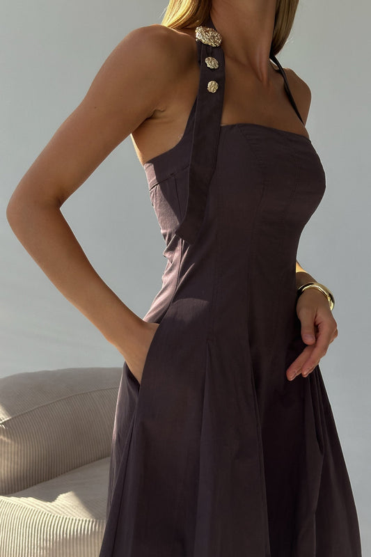 Backless women's cotton midi dress in mocha mauve with halter neckline