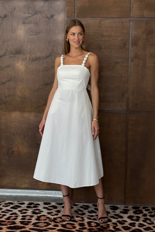 Women's cotton midi dress in cream – square neckline and beaded straps