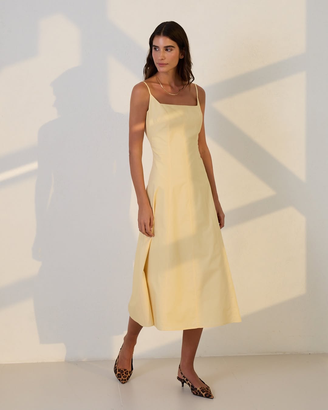 Butter yellow cotton midi dress for women – flared cut with thin straps