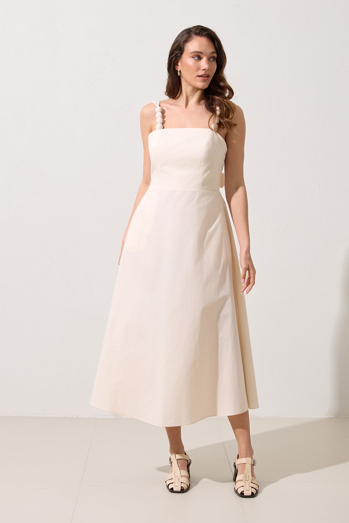 Women's cotton midi dress in cream – square neckline and beaded straps