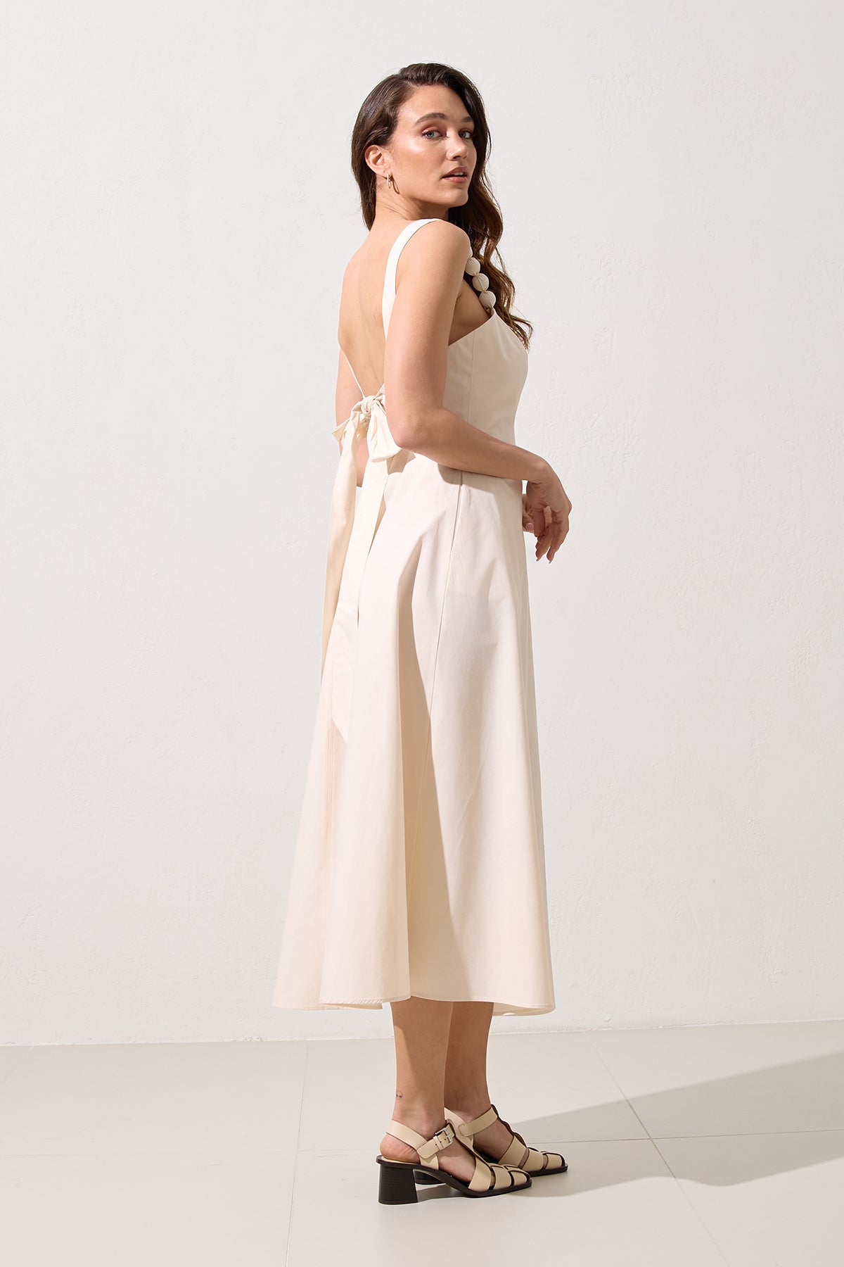 Women's cotton midi dress in cream – square neckline and beaded straps