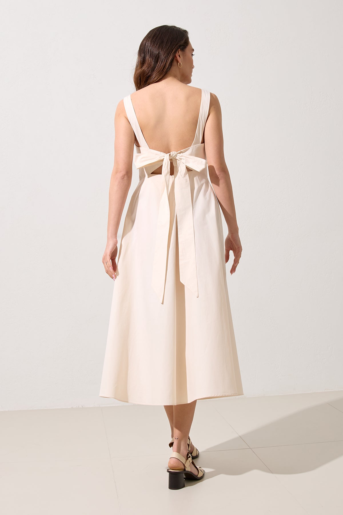 Women's cotton midi dress in cream – square neckline and beaded straps