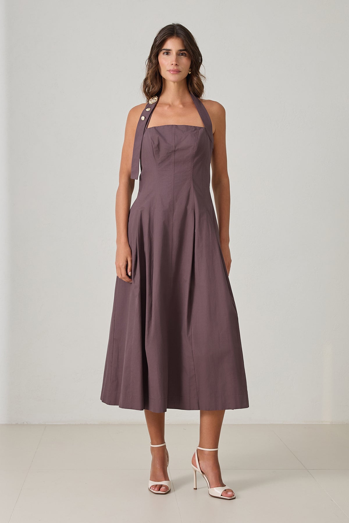 Backless women's cotton midi dress in mocha mauve with halter neckline