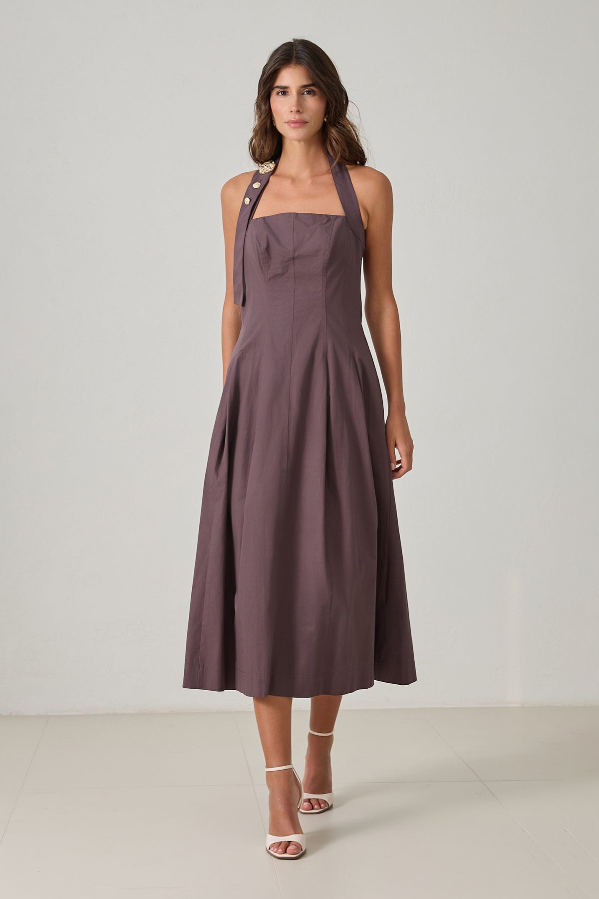 Backless women's cotton midi dress in mocha mauve with halter neckline