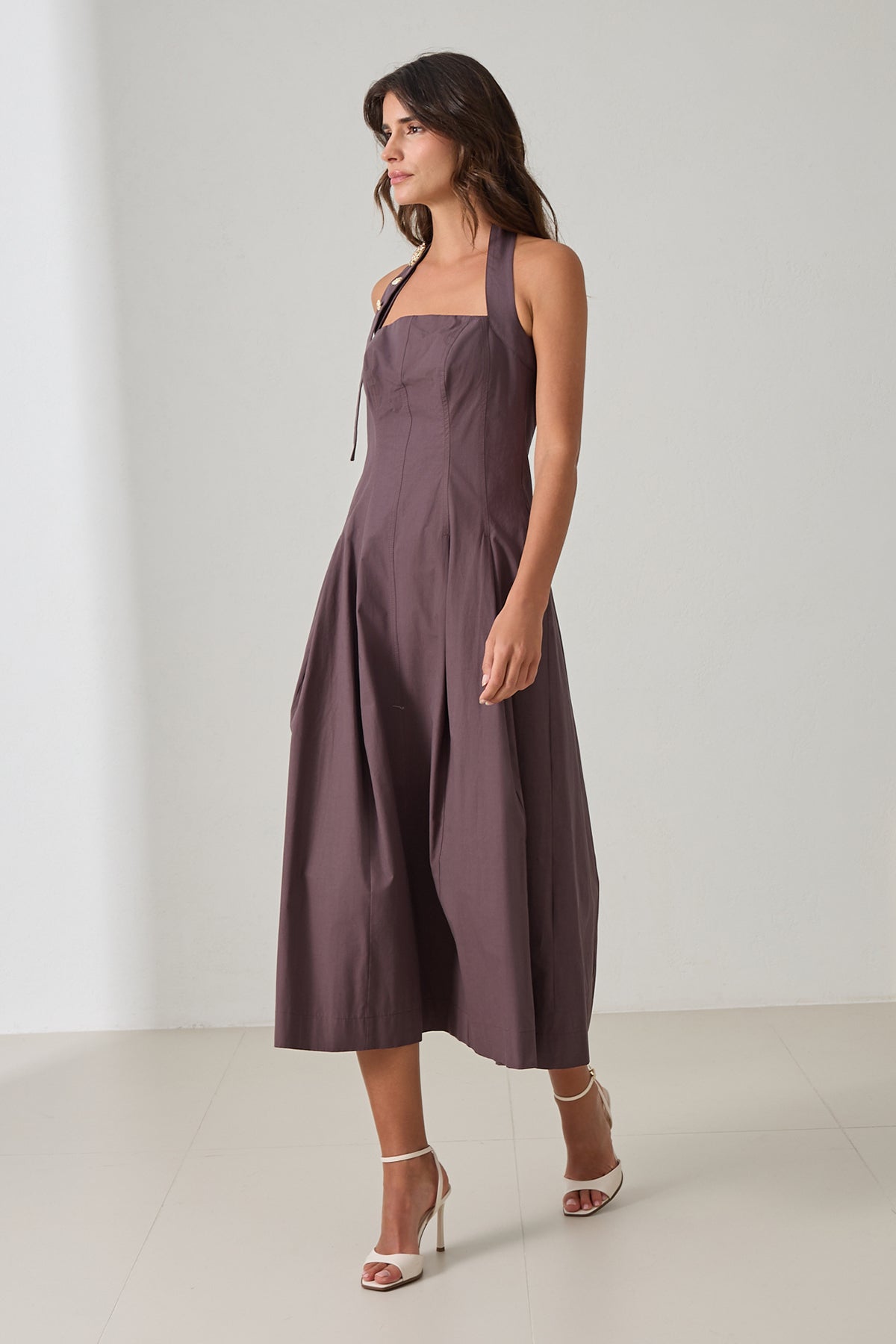 Backless women's cotton midi dress in mocha mauve with halter neckline