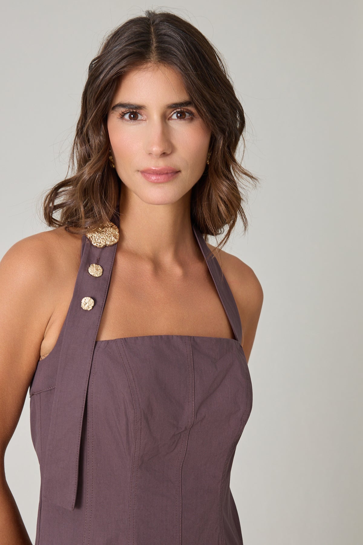 Backless women's cotton midi dress in mocha mauve with halter neckline