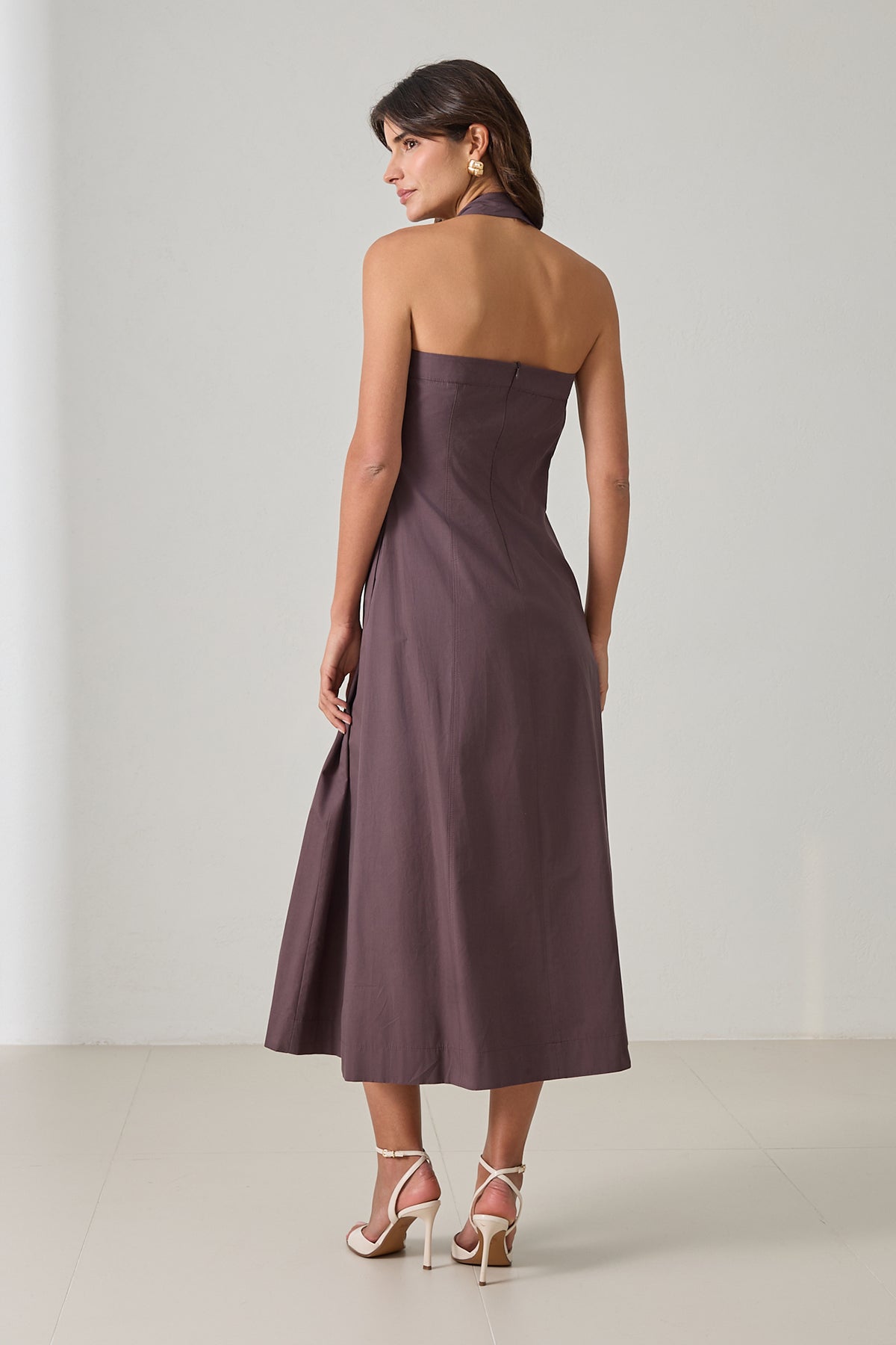 Backless women's cotton midi dress in mocha mauve with halter neckline