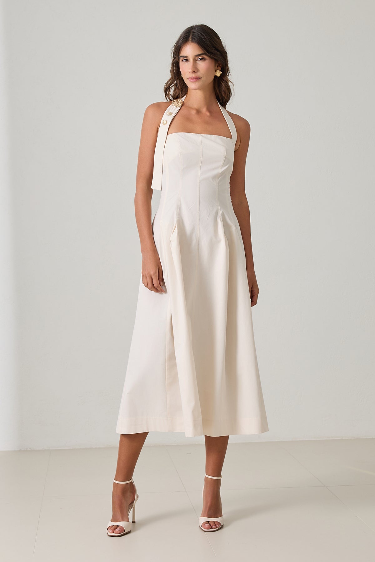 Backless women's cotton midi dress in cream with halter neckline