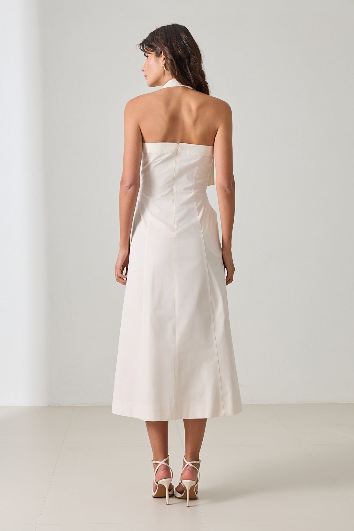 Backless women's cotton midi dress in cream with halter neckline