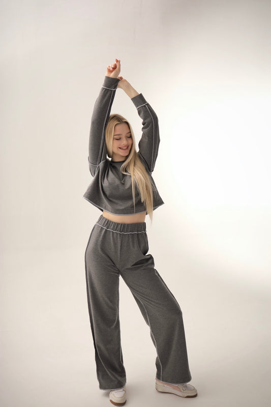 Ensemble de survêtement gris anthracite en coton femme 2 pièces – coutures apparentes et style oversize