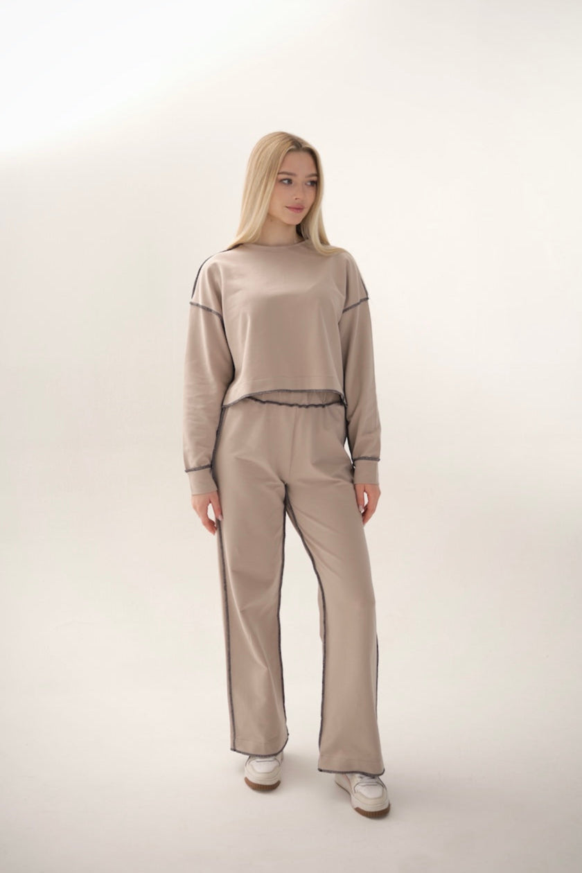 Ensemble de survêtement beige en coton femme 2 pièces – coutures apparentes et style oversize