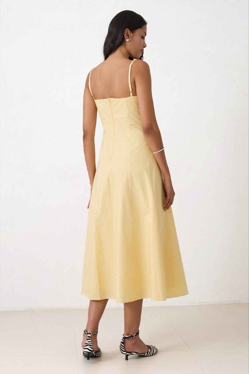 Butter yellow cotton midi dress for women – flared cut with thin straps