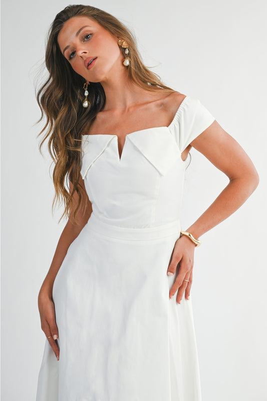 Off-Shoulder White Midi Dress with Folded Neckline and Flared Skirt