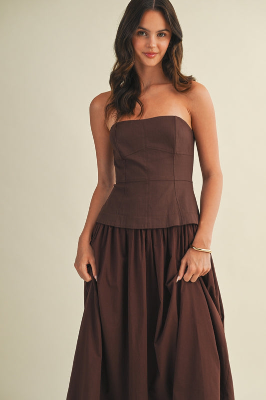 Mocha Brown Strapless Cotton Midi Dress with Peplum Bodice
