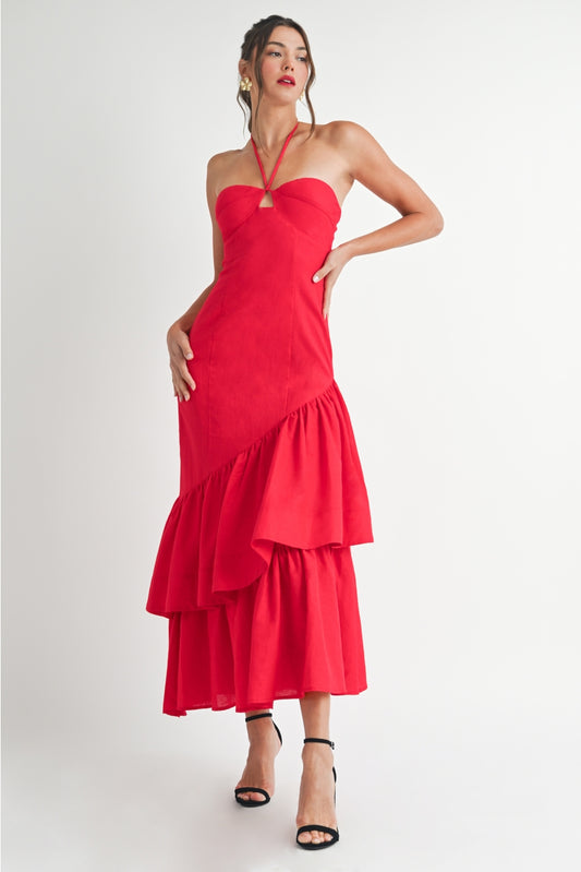 Crimson Red Linen Maxi Dress with Halter Neck and Ruffled Hem