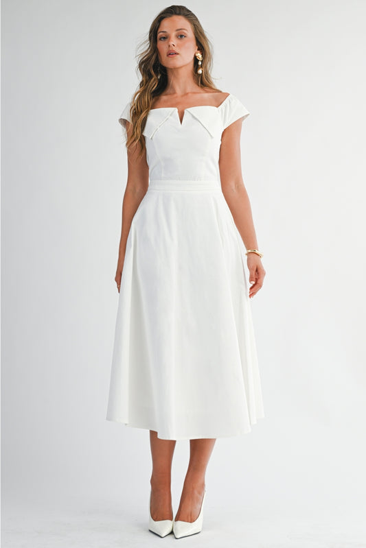 Off-Shoulder White Midi Dress with Folded Neckline and Flared Skirt