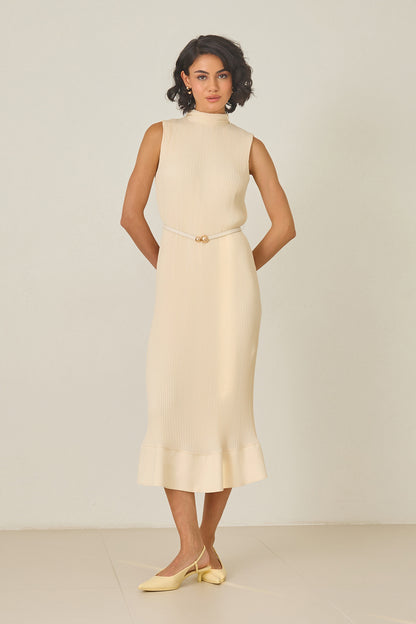 Butter yellow pleated midi dress with high neckline – sleeveless, thin belt, and ruffled hem