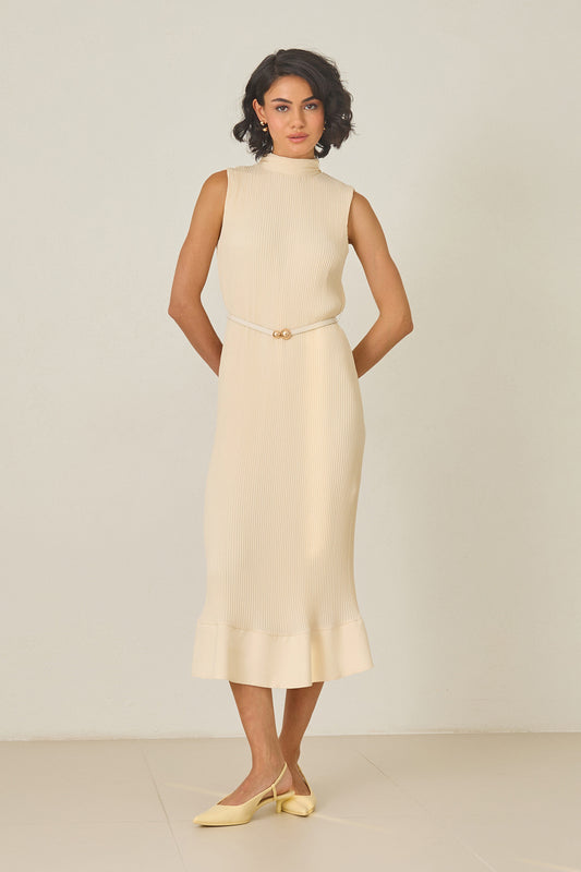 Butter yellow pleated midi dress with high neckline – sleeveless, thin belt, and ruffled hem