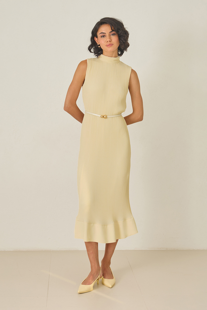 Butter yellow pleated midi dress with high neckline – sleeveless, thin belt, and ruffled hem