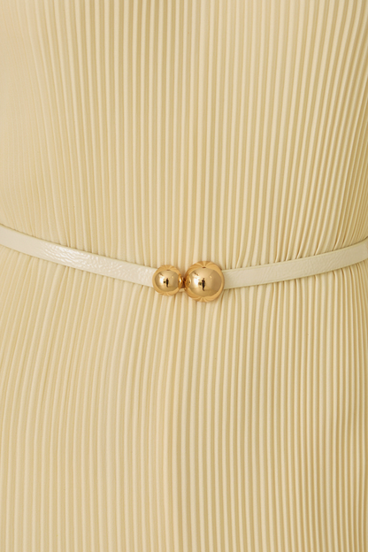 Butter yellow pleated midi dress with high neckline – sleeveless, thin belt, and ruffled hem