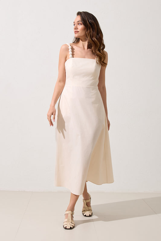 Women's cotton midi dress in cream – square neckline and beaded straps