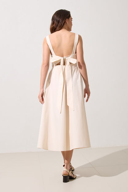 Women's cotton midi dress in cream – square neckline and beaded straps