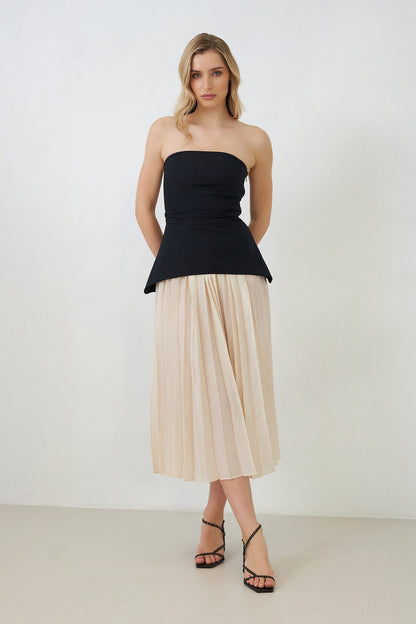 Women's strapless dress in cream and black cotton – pleated skirt, removable straps