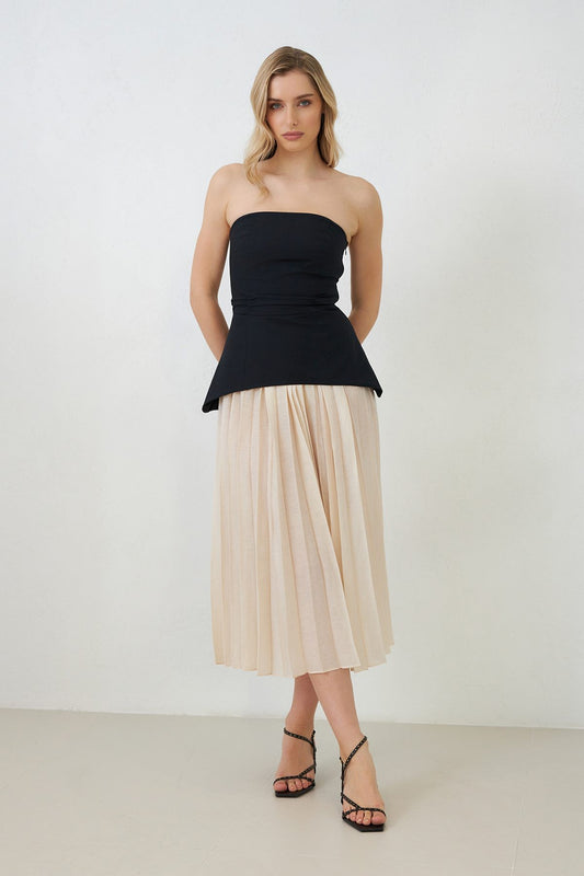 Women's strapless dress in cream and black cotton – pleated skirt, removable straps