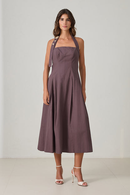 Backless women's cotton midi dress in mocha mauve with halter neckline