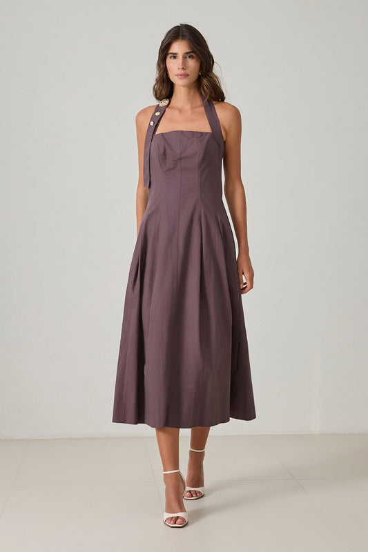 Backless women's cotton midi dress in mocha mauve with halter neckline