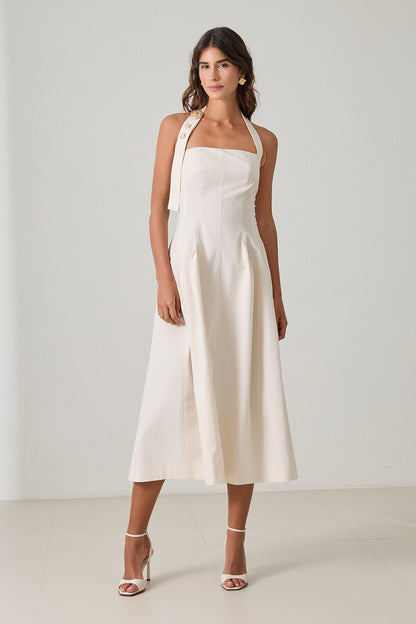 Backless women's cotton midi dress in cream with halter neckline