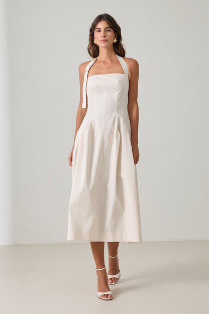 Backless women's cotton midi dress in cream with halter neckline