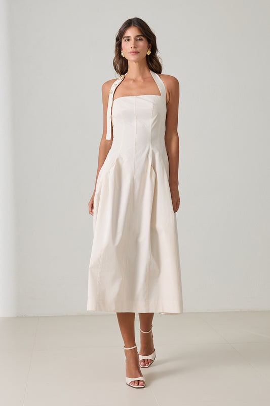 Backless women's cotton midi dress in cream with halter neckline
