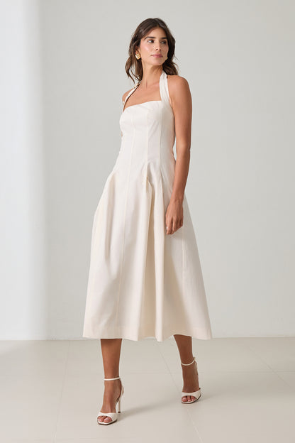Backless women's cotton midi dress in cream with halter neckline