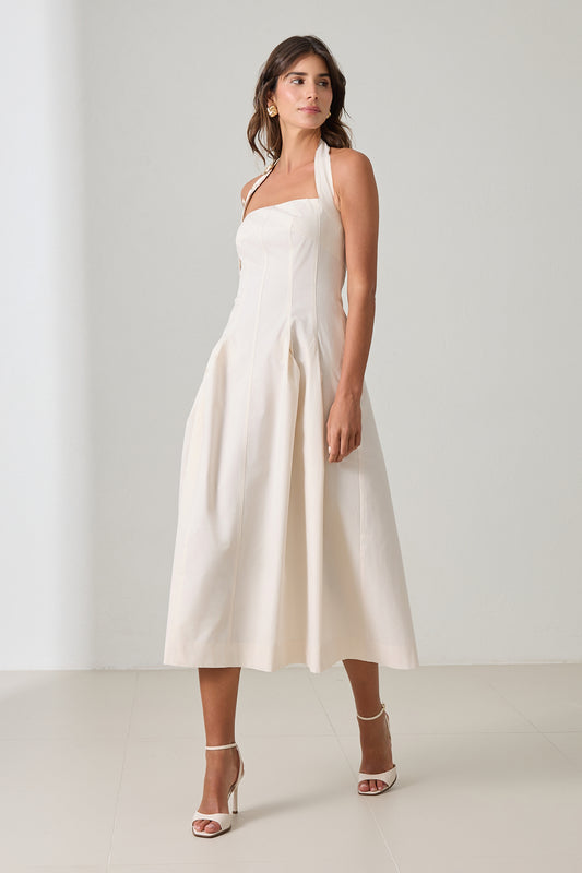Backless women's cotton midi dress in cream with halter neckline
