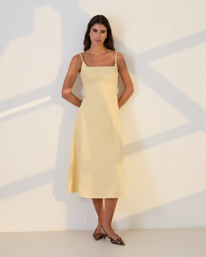 Butter yellow cotton midi dress for women – flared cut with thin straps