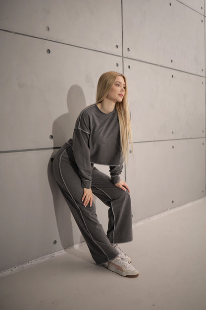 Ensemble de survêtement gris anthracite en coton femme 2 pièces – coutures apparentes et style oversize