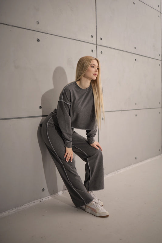 Ensemble de survêtement gris anthracite en coton femme 2 pièces – coutures apparentes et style oversize