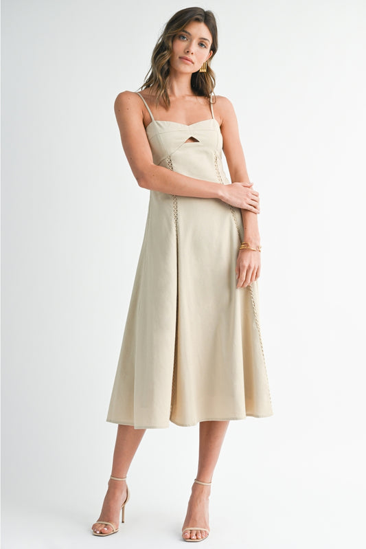 Beige Linen Blend Midi Dress with Cut-Out Detail and Lace Inserts
