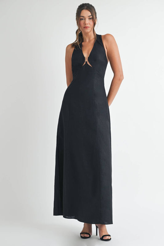 Robe longue décolletée à dos ouvert en lin