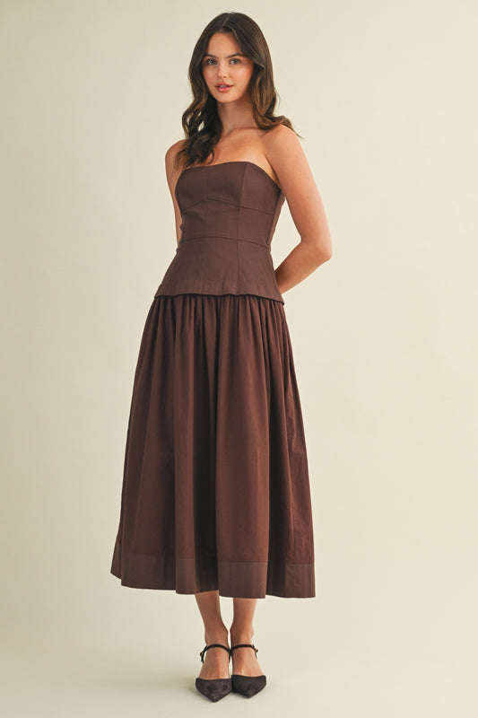 Mocha Brown Strapless Cotton Midi Dress with Peplum Bodice