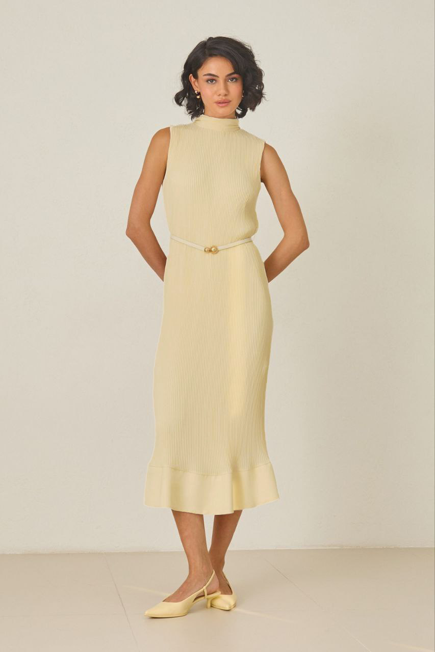 Butter yellow pleated midi dress with high neckline – sleeveless, thin belt, and ruffled hem