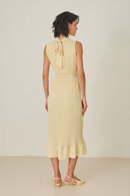 Butter yellow pleated midi dress with high neckline – sleeveless, thin belt, and ruffled hem