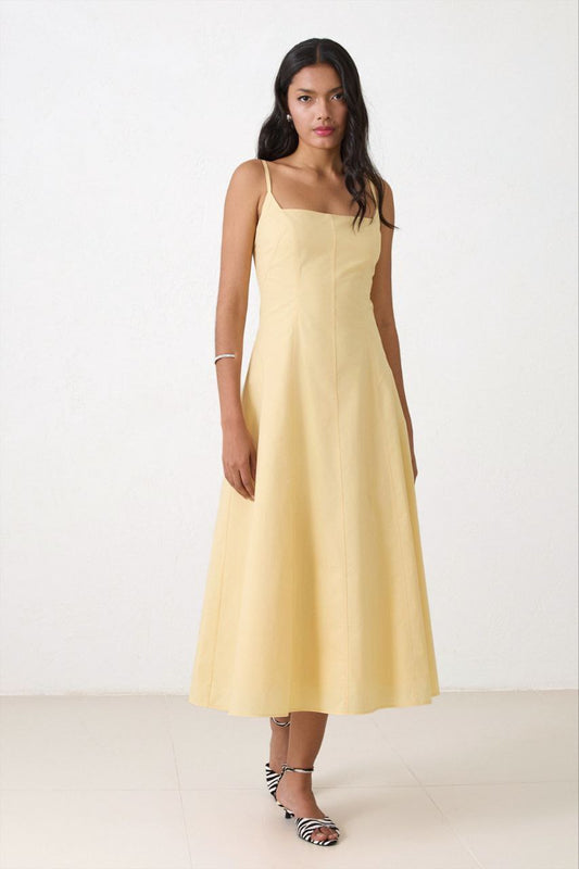 Butter yellow cotton midi dress for women – flared cut with thin straps