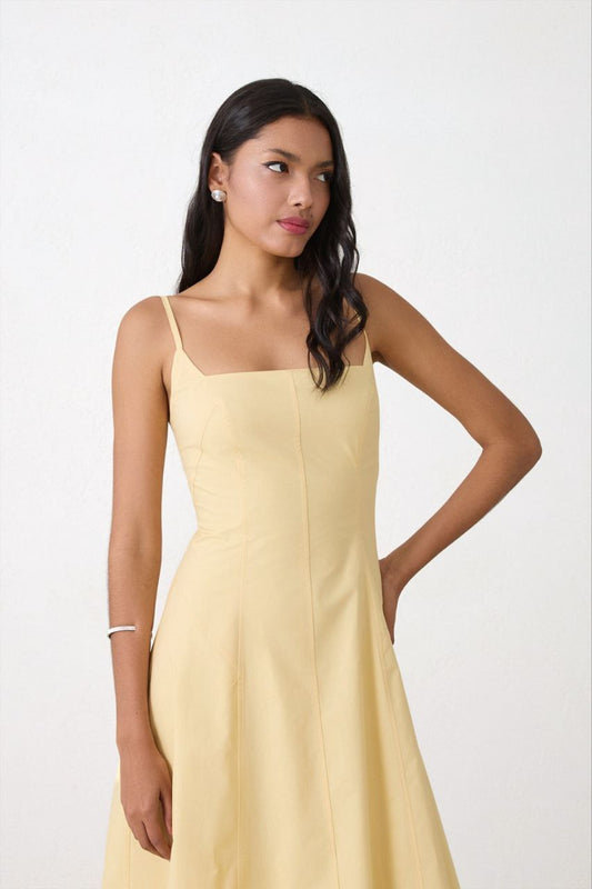 Butter yellow cotton midi dress for women – flared cut with thin straps