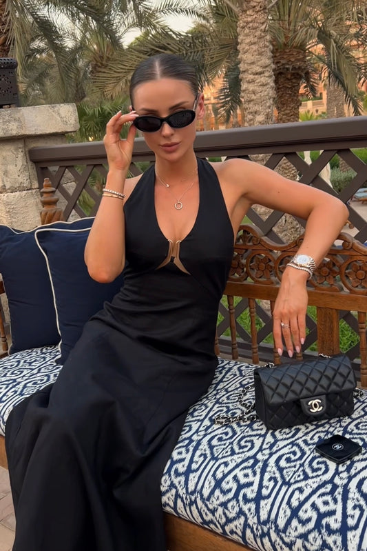 Black Linen Maxi Dress with Halter Neck and Metallic Front Cut-Out Detail