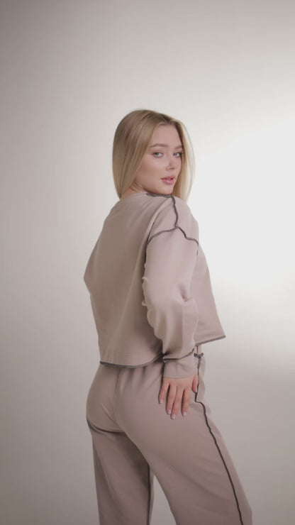 Ensemble de survêtement beige en coton femme 2 pièces – coutures apparentes et style oversize